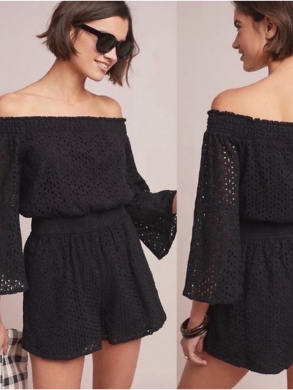 Anthropologie Black Off-Shoulder Eyelet Romper